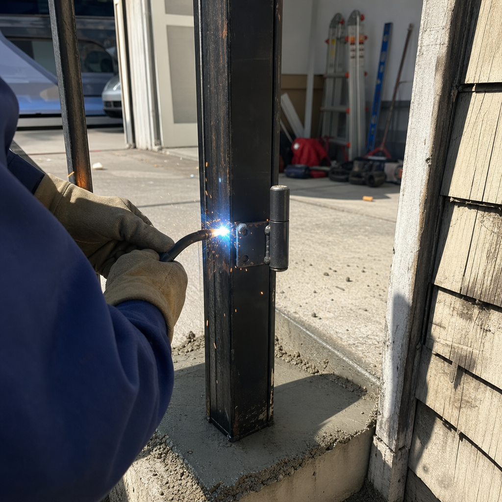 Welder installing a metal gate hinge onto a steel post