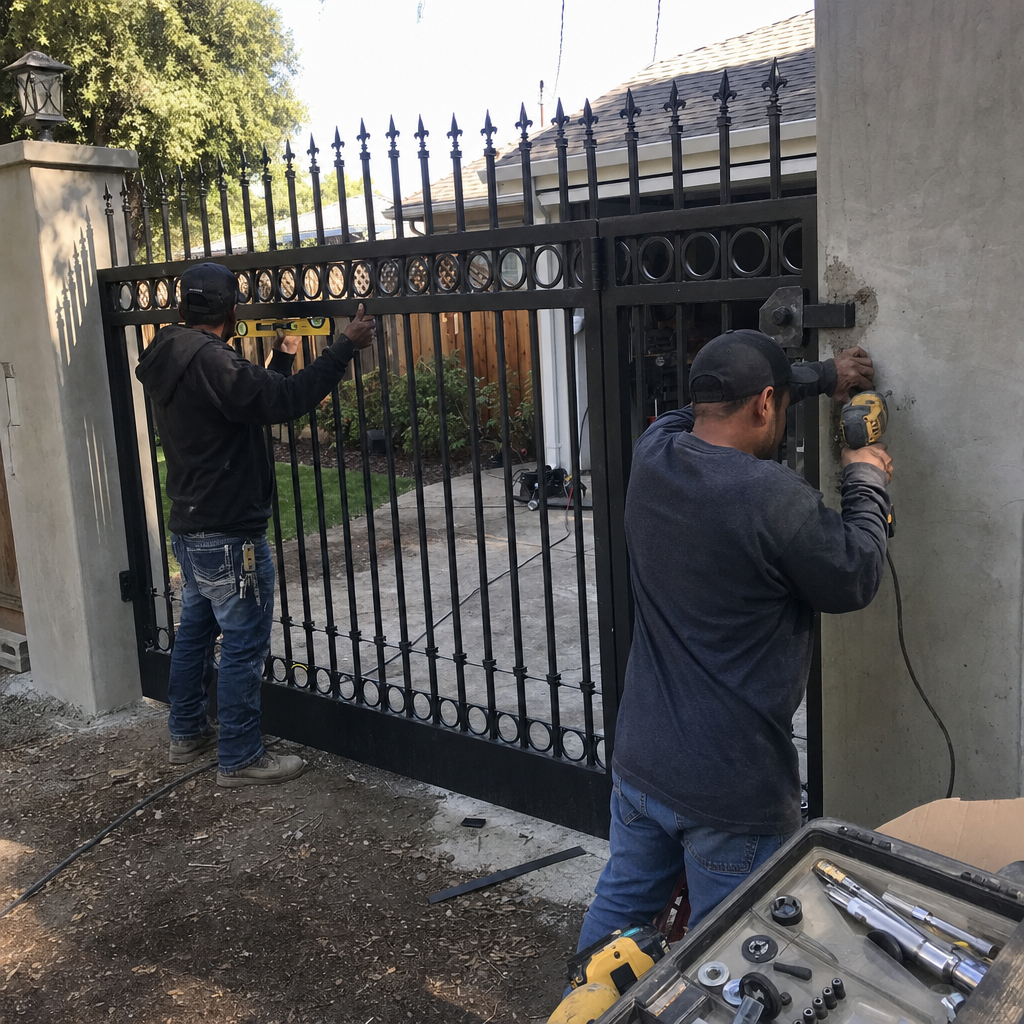 Two professional technicians installing a large decorative metal driveway gate