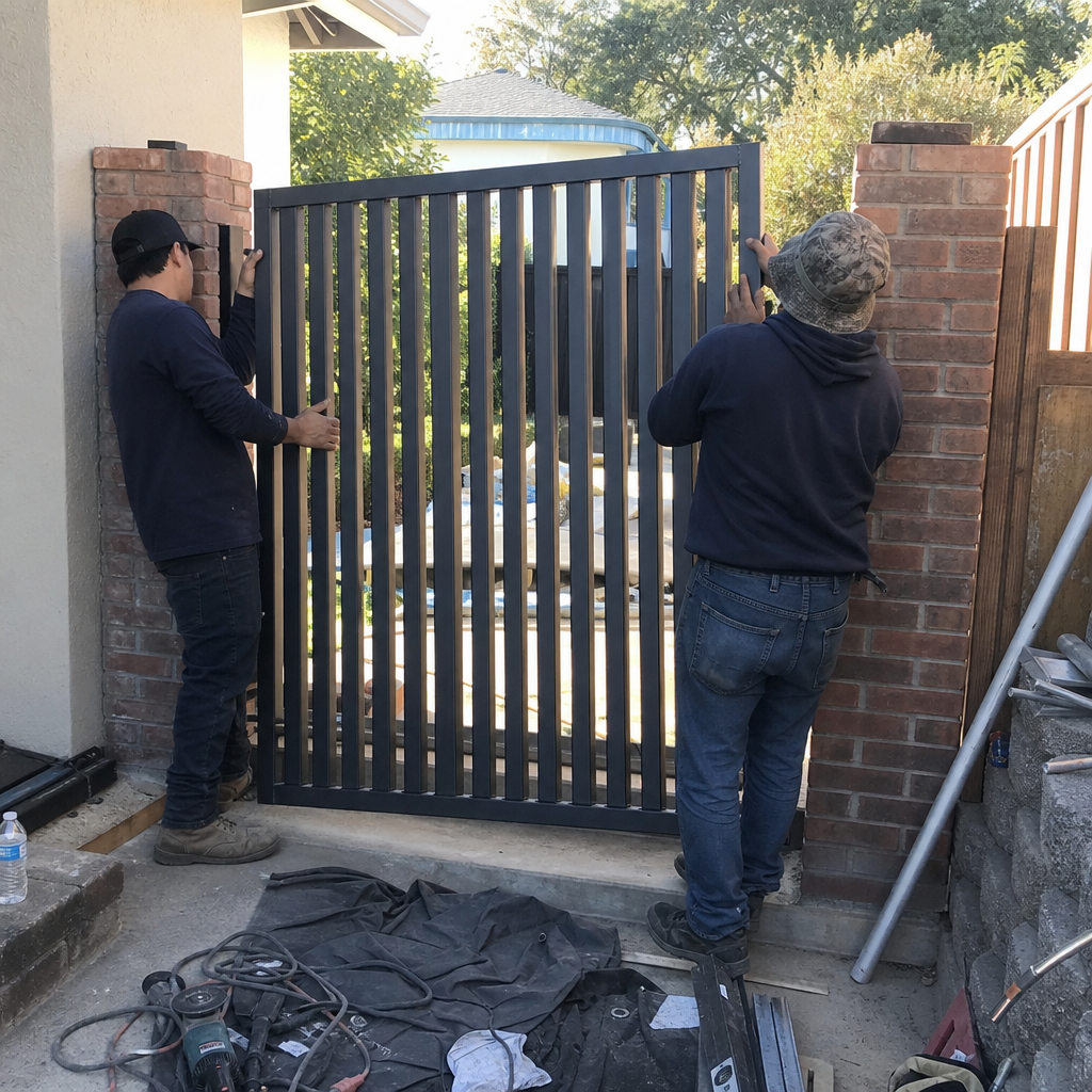 Two professionals installing a modern metal gate between brick pillars