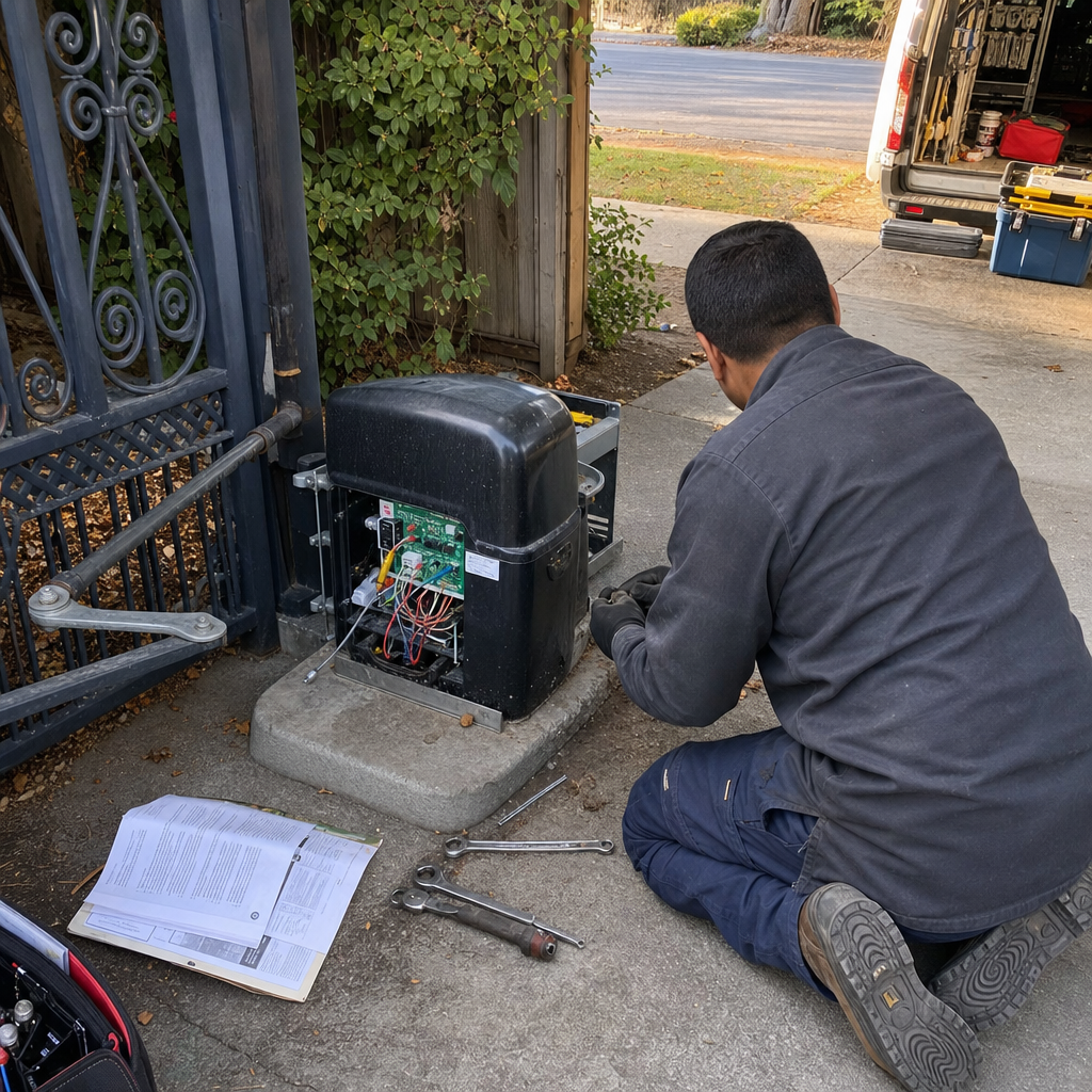 Technician performing professional gate motor and operator repair service