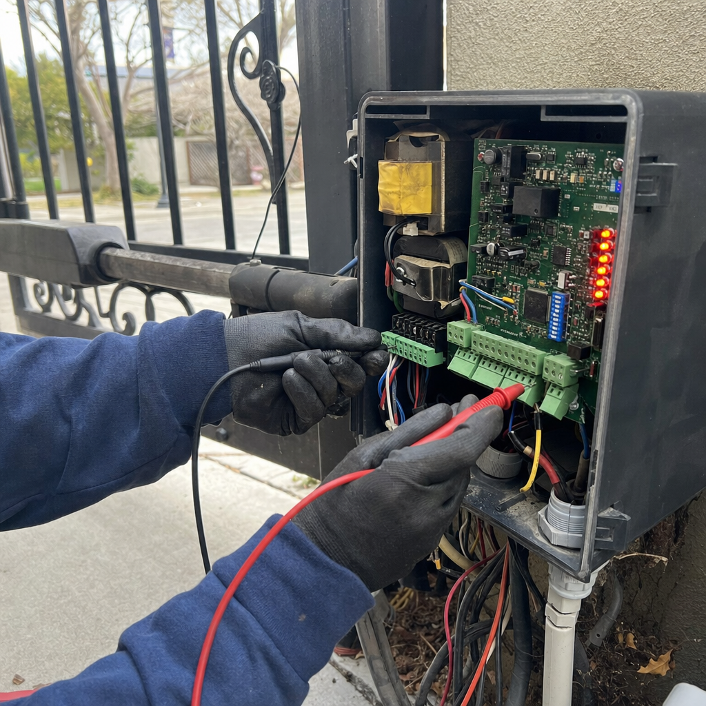 Technician using a multimeter to repair an electric gate motor controller
