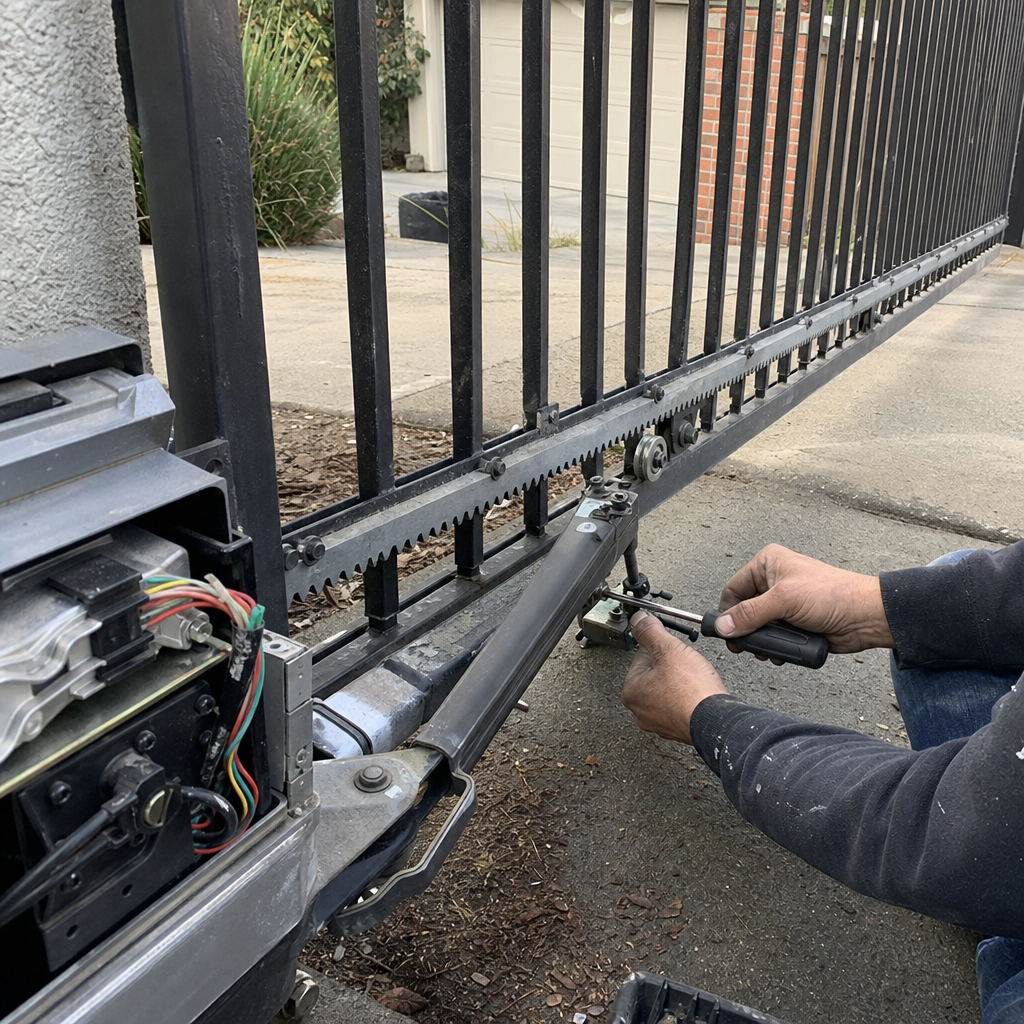 Technician performing professional gate motor and sliding opener repair service