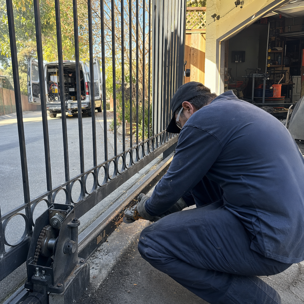 Technician using an angle grinder to repair a metal sliding gate
