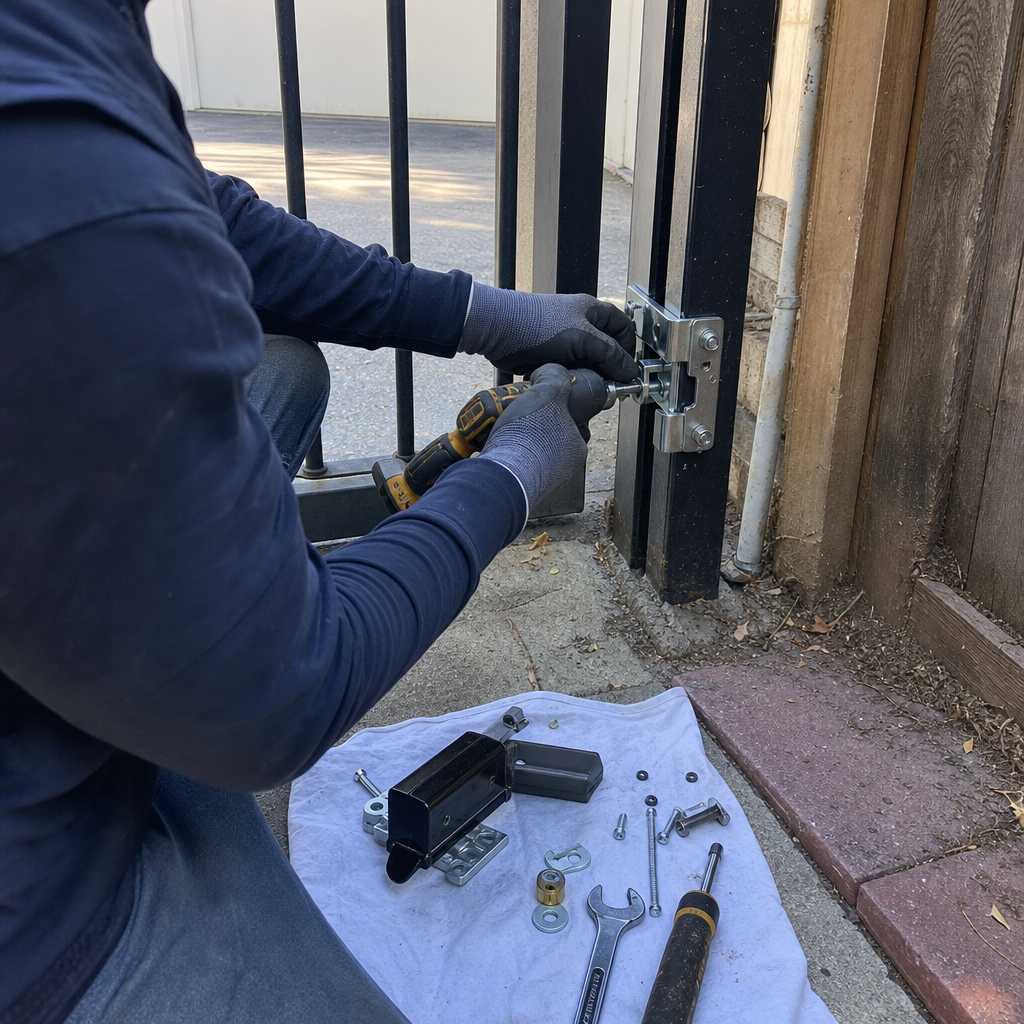 Technician using a power drill to repair a metal gate