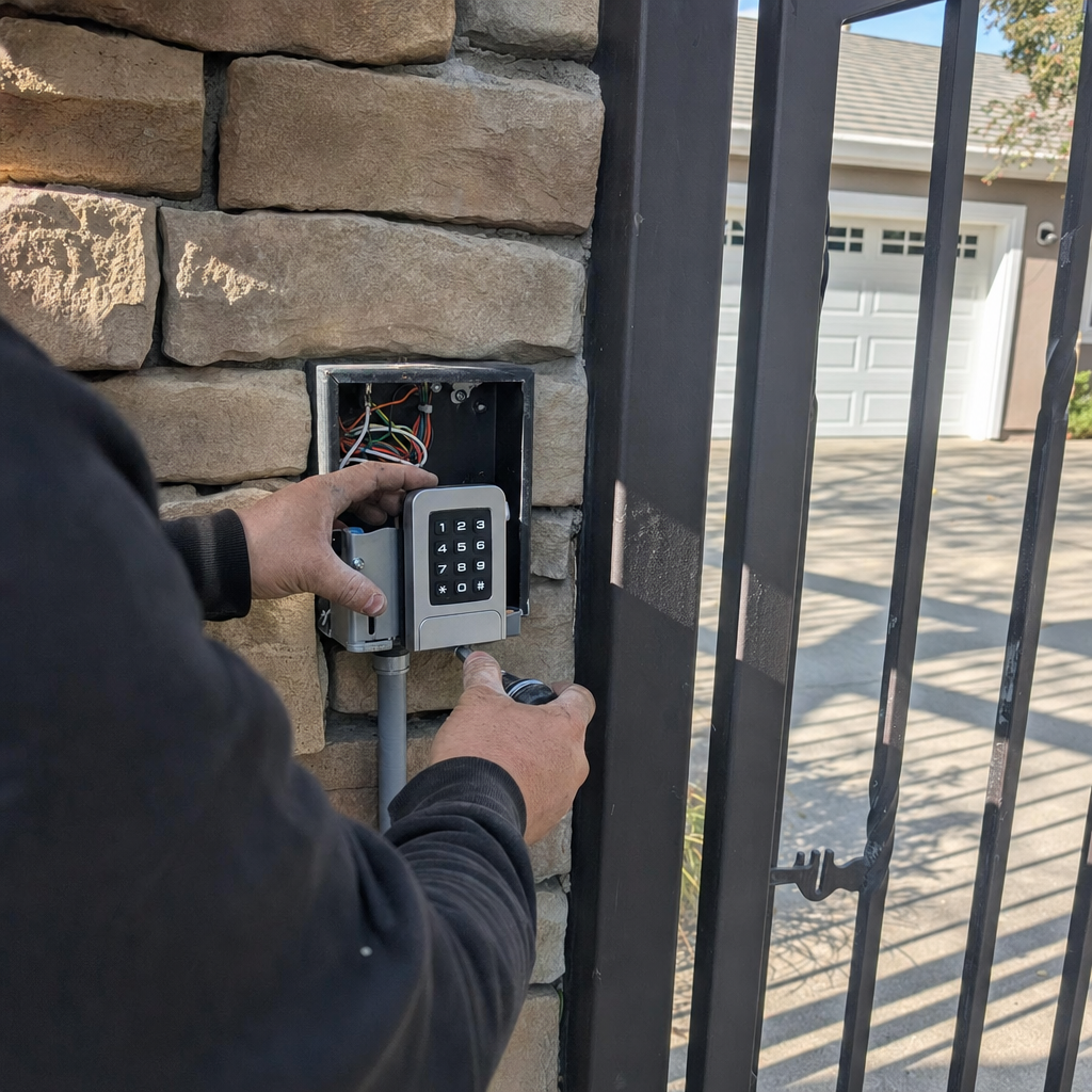 Technician installing gate access control keypad on a stone pillar in San Jose, CA