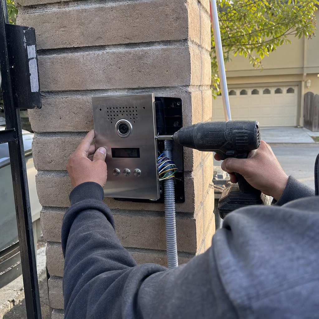 Technician installing security gate access control unit on brick pillar in San Jose, CA