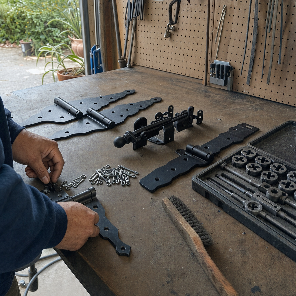 Metalworker organizing custom gate hinges and hardware on a workshop bench in San Jose, CA