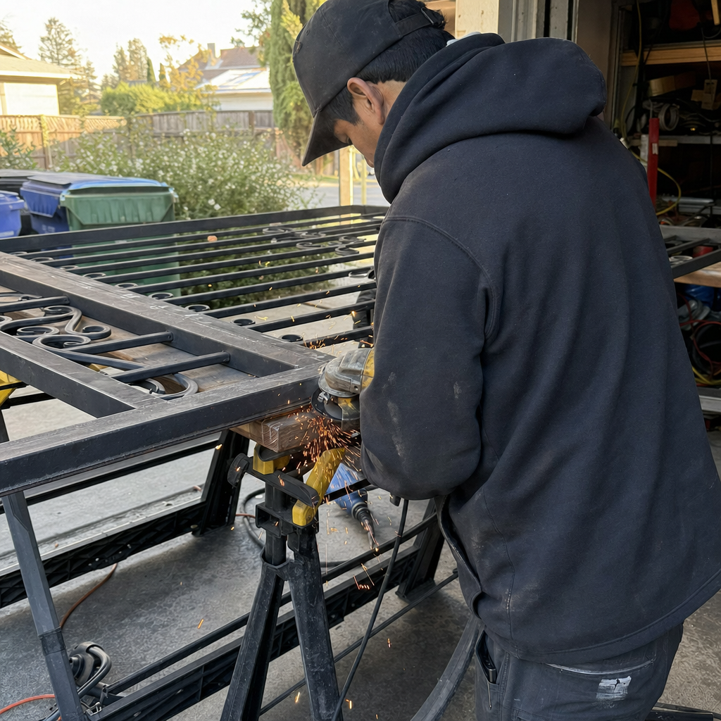 Professional performing precision gate welding and metal repair using an angle grinder in Dublin, CA