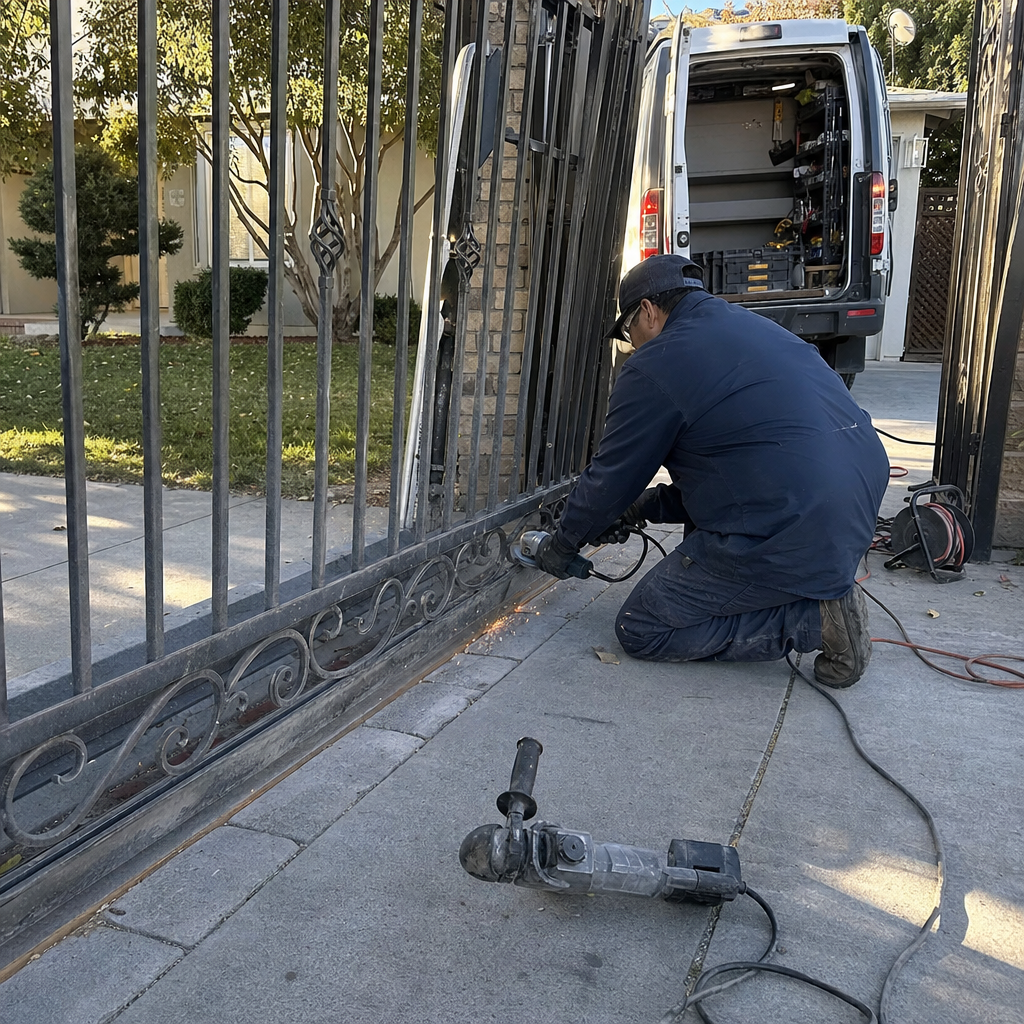 Technician using an angle grinder to perform professional iron gate repair