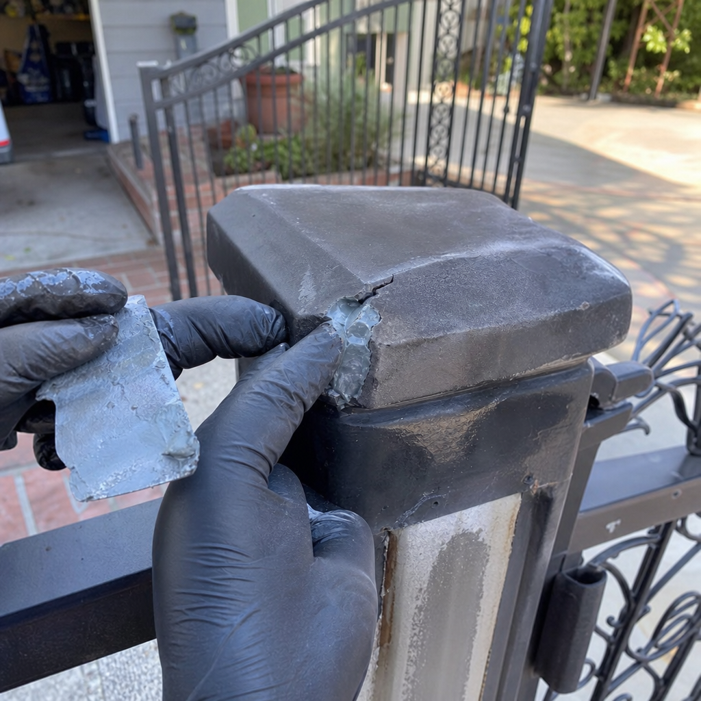 Repairing a cracked decorative metal gate post with putty filler