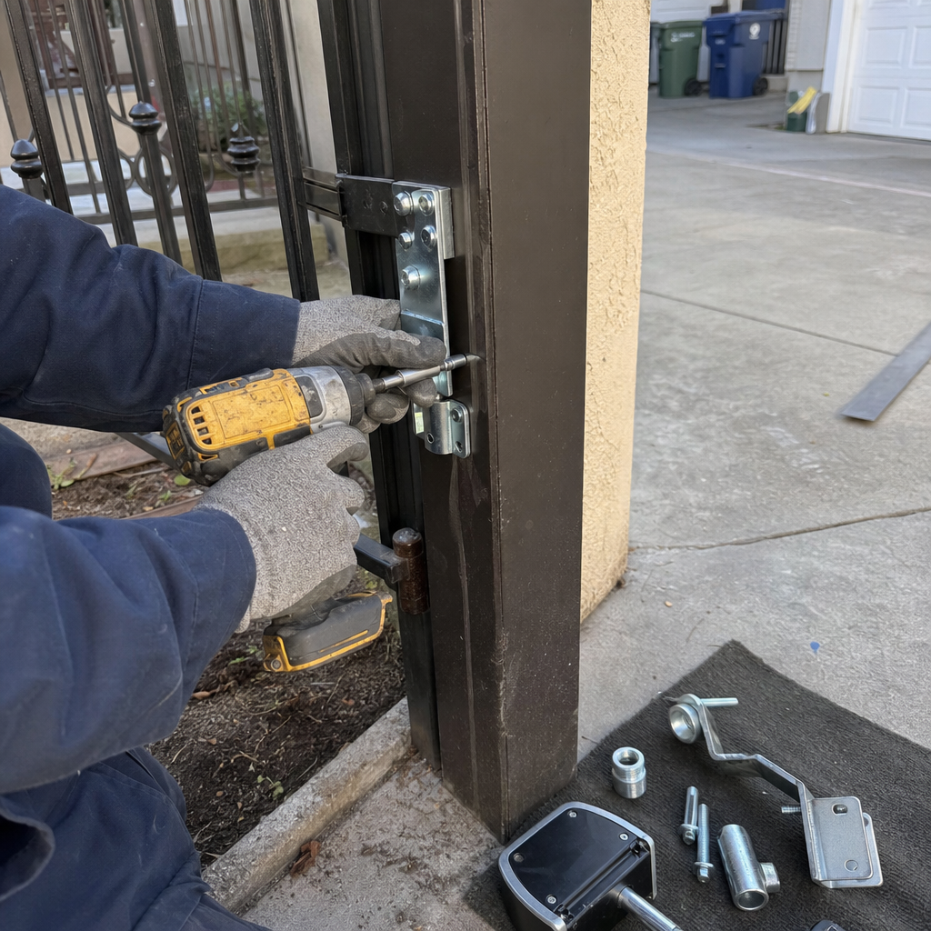 Technician using power drill for driveway gate repair and hardware installation